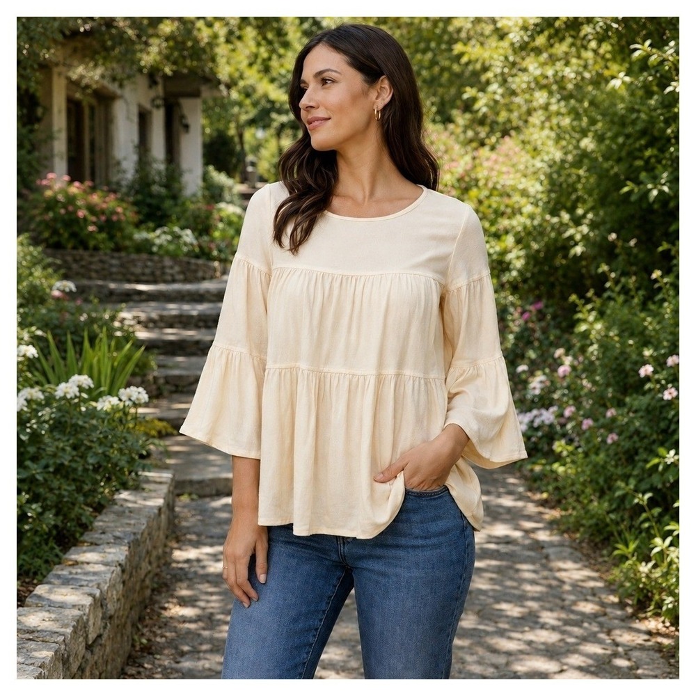Madewell Ivory Tiered Babydoll Blouse Flutter Sleeve Viscose Womens Small